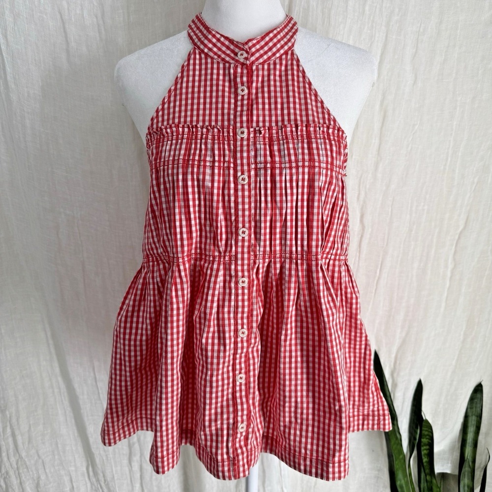 Free People Gingham Halter Top M Picnic Party Cottage Prairie Plaid Cotton Red